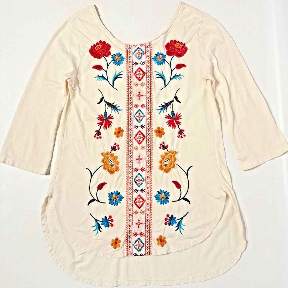 Johnny Was JW Oversized Floral Embroidered Top Peasant Boho White Ivory Women XS